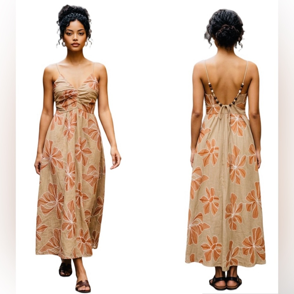 NWT Commense SZ S tan/orange floral maxi w/adjustable straps/bust 32”